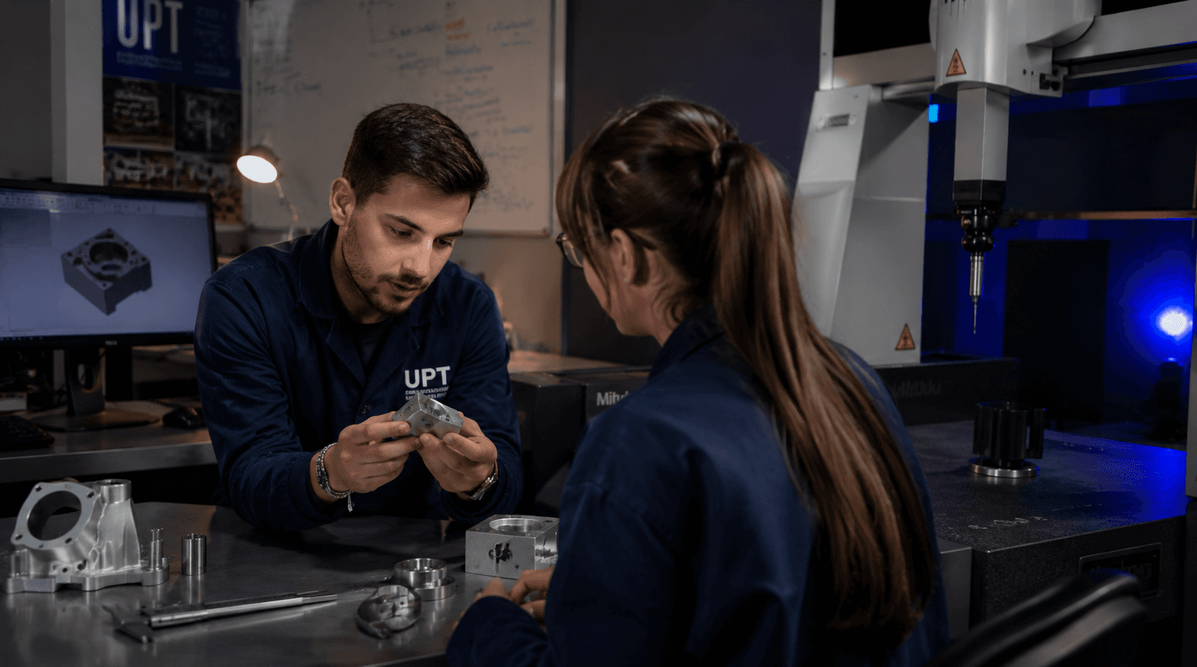 Studenți UPT care analizează o componentă mecanică într-un laborator de metrologie