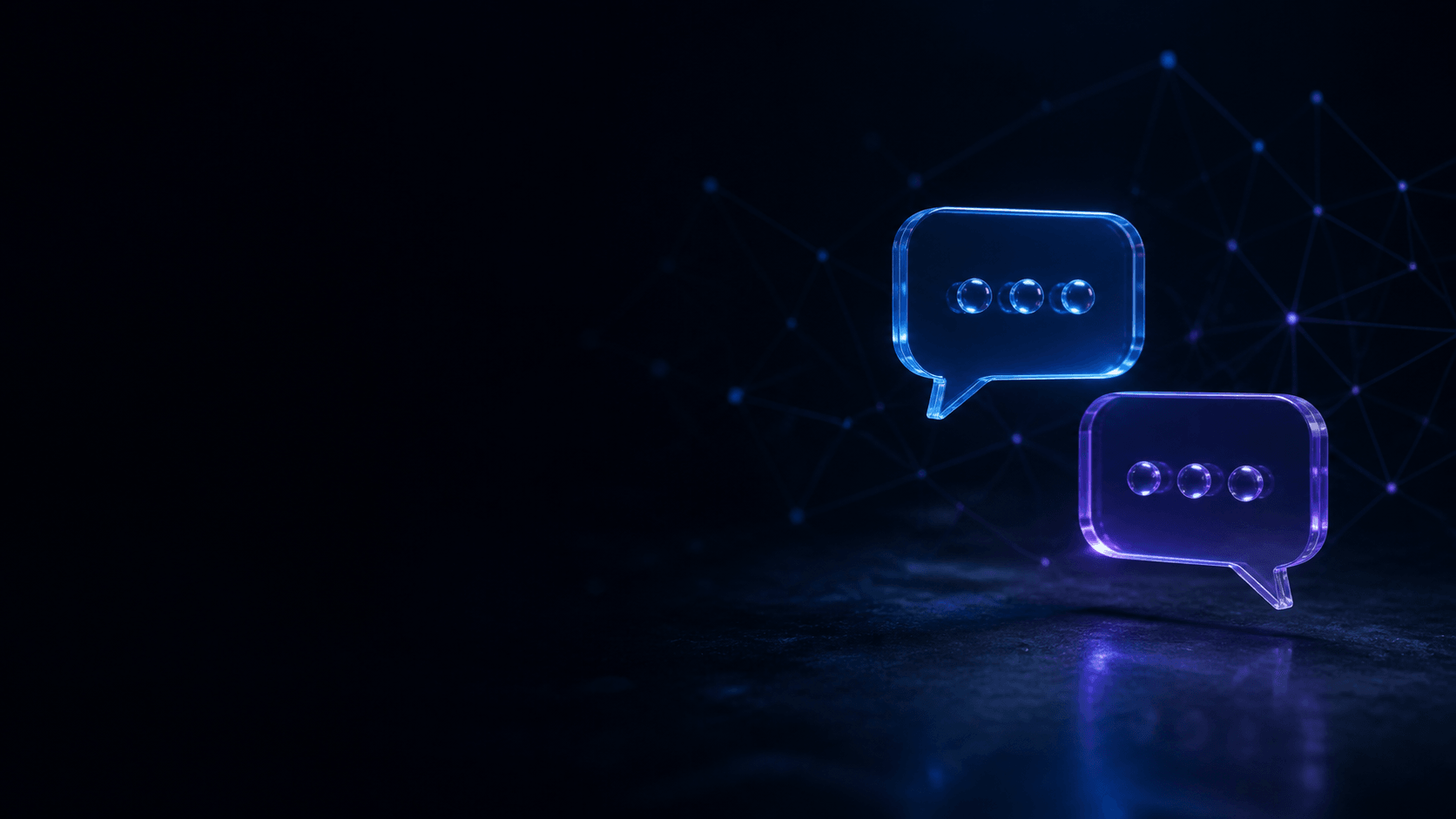 Două bule de dialog din sticlă, albastre și violet, conectate printr-o rețea digitală