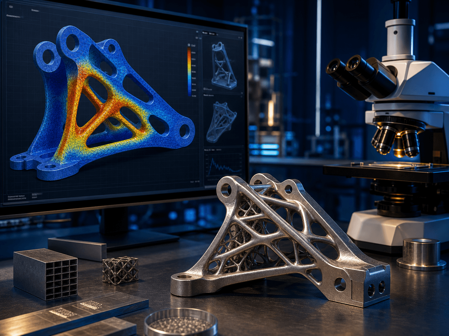 Laborator modern de ingineria materialelor, cu microscop și componente metalice