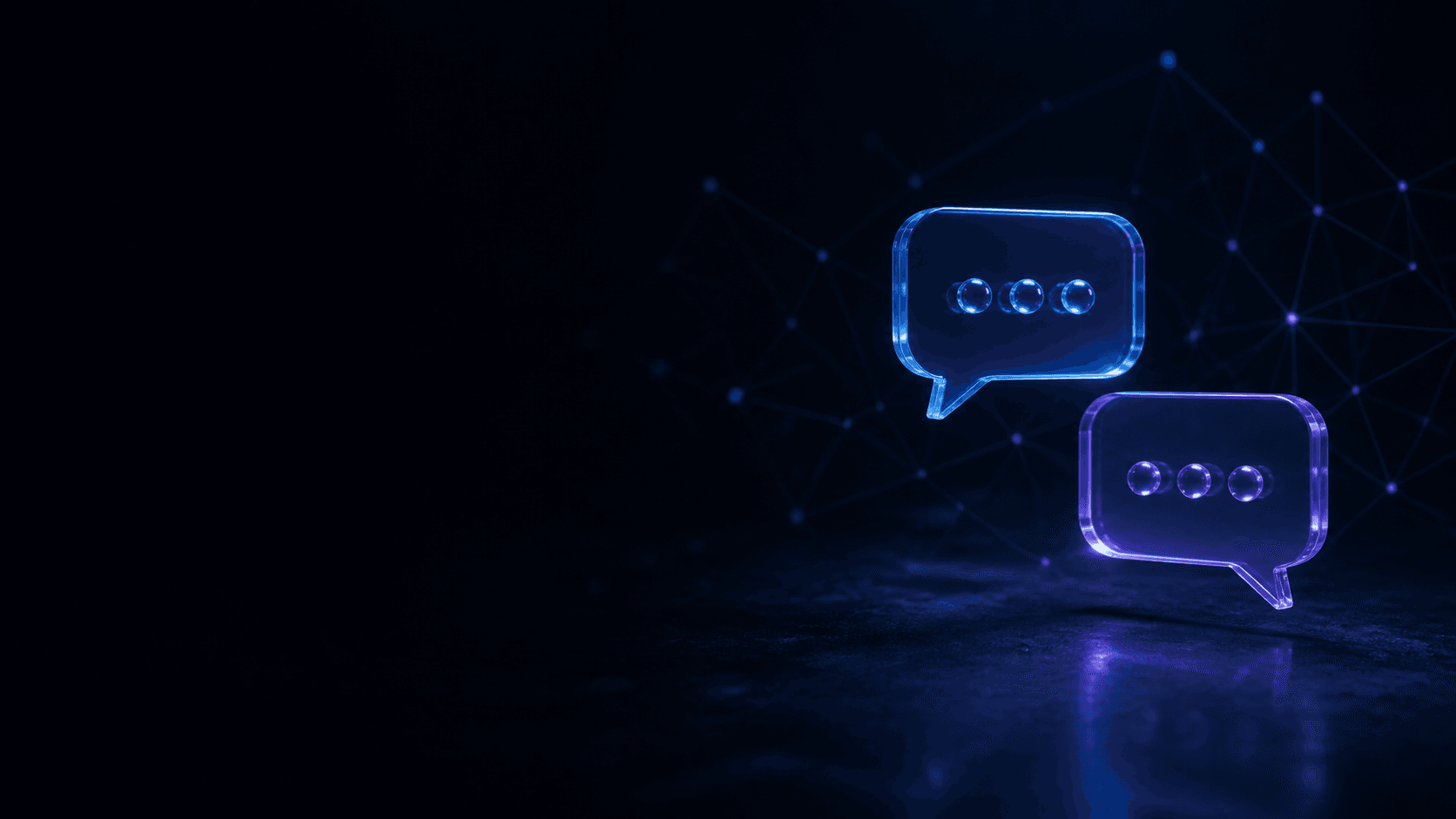 Două bule de dialog din sticlă, albastre și violet, conectate printr-o rețea digitală